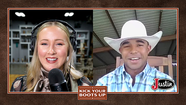 A woman and a cowboy talking via Zoom, smiling at the camera.